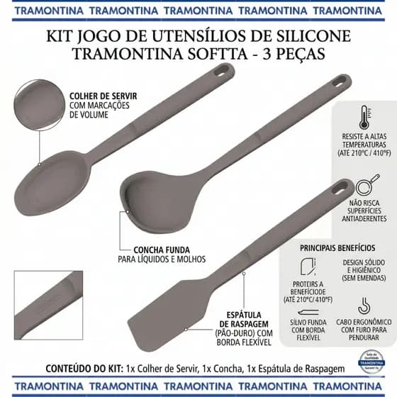 Kit Jogo Utensílios De Silicone Tramontina Softta Concha Colher Espátula 3 Pçs