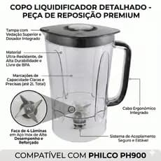 Copo Liquidificador Compatível Philco PH900 Com Tampa E Faca Inox Reforçado