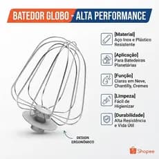 Batedor Globo Clara Em Neve Para Batedeira Mondial Bella Massa Inox Peça De Reposição Aramado Bolo Tortas Original