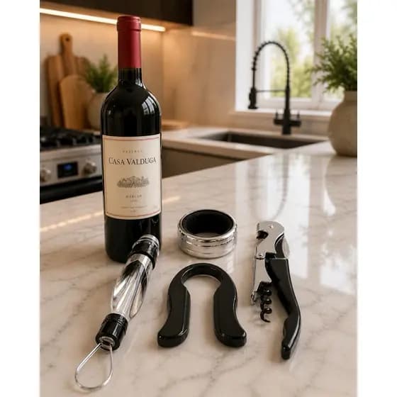 Kit adega Completo para Garrafas – Abridor + Conservador + Dosador + Anel antigotejamento Bebidas finas