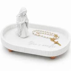 Porta Terço Nossa Senhora Decorativo Com Bandeja Organizador Religioso Branco Fé e Oração