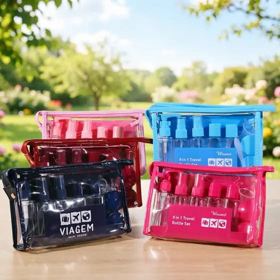 Conjunto de Frascos de Viagem 9 Peças com Nécessaire Transparente