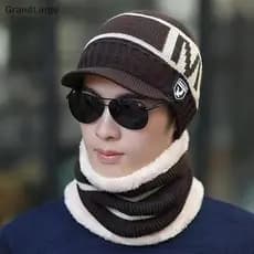 [GrandLarge] Chapéu Masculino De Inverno De Malha De Uma Peça Sobre Um Com Capuz E Lã Espessada À Prova De Vento Frio Qu