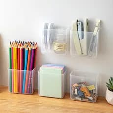 Pequena caixa de armazenamento pequena plástico transparente multifuncional sem perfuração papelaria caixa organizadora