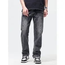 Primavera outono americano macacão Jeans masculino High street street Wear lavado Retro Casual Micro-queimado solto calç