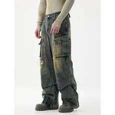 Americano Retro angustiado macacão masculino Street Wear solto em linha reta perna larga esfregar zíper decoração calças