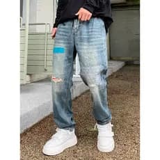 Americano Casual bordado rasgado remendo impresso Jeans masculino solto em linha reta rufião bonito pesado cônico mendig