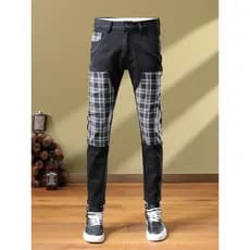 High Street Preto Jeans Homens Outono Inverno Street Wear Ruffian Bonito Costura Xadrez Patch Stretch Slim-
