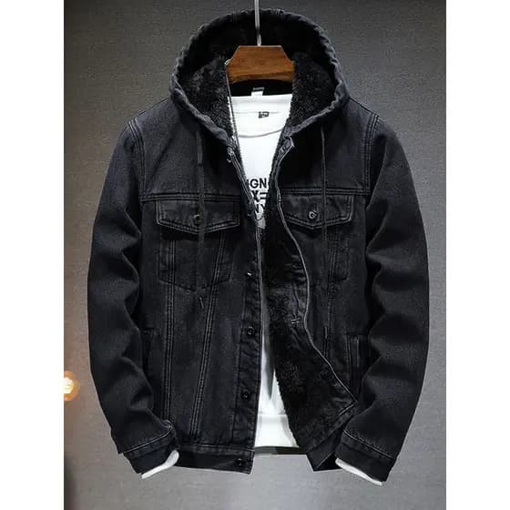 Forro de lã preto Workwear Denim jaqueta masculina outono inverno engrossado com capuz solto jaqueta algodão Casual topo