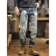 Americano cor-bloqueando remendo Jeans masculino Street Wear primavera outono Retro angustiado solto em linha reta Casua