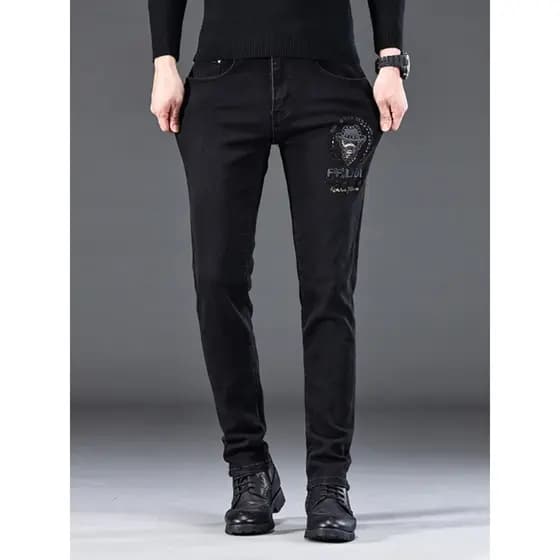 Preto quente diamante Jeans masculino pés pequenos fino ajuste outono inverno bens europeus na moda calças casuais mascu