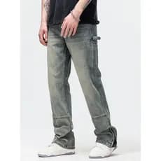 Macacão preto Jeans masculino street Wear solto em linha reta americano High street Multi-bolso calças com zíper costura