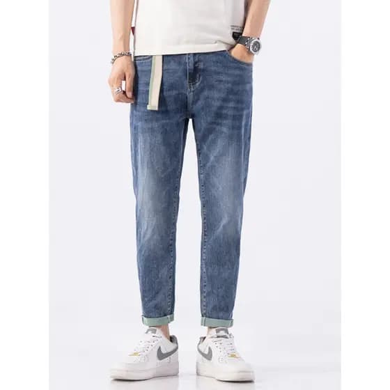 Verão fino High-End tornozelo comprimento Jeans masculino fino ajuste calças magras versão coreana na moda bordado calça