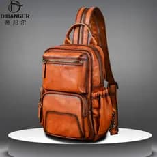 Bolsa de peito masculina de couro genuíno, bolsa mensageiro de um ombro, couro macio, primeira camada, grande capacidade