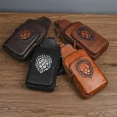 Bolsa de peito masculina de couro genuíno estilo retrô cabeça de leão bolsa mensageiro bolsa de ombro primeira camada bo