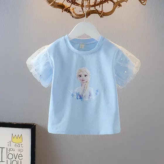 Meninas elsa princesa camiseta de manga curta crianças estilo ocidental manga Puff elsa topo puro algodão lantejoulas do