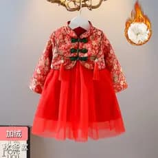 Meninas velo-vestido de lã bebê engrossado vestido de ano novo de ano novo infantil estilo ocidental Tang terno Hanfu ve