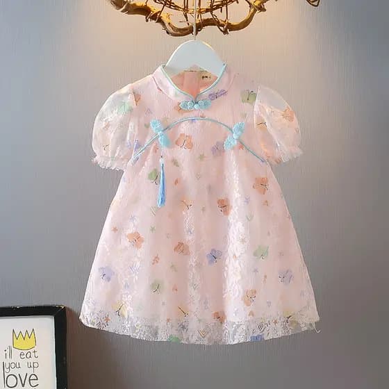 Bebê menina roupas de verão Hanfu Cheongsam vestido 2021 versão coreana moda menina gaze vestido de princesa Retro Super