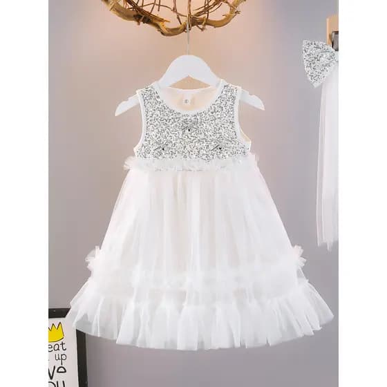 Meninas verão lantejoulas gaze vestido 2026 novo estilo bebê princesa bolo vestido + acessórios para o cabelo Super vest