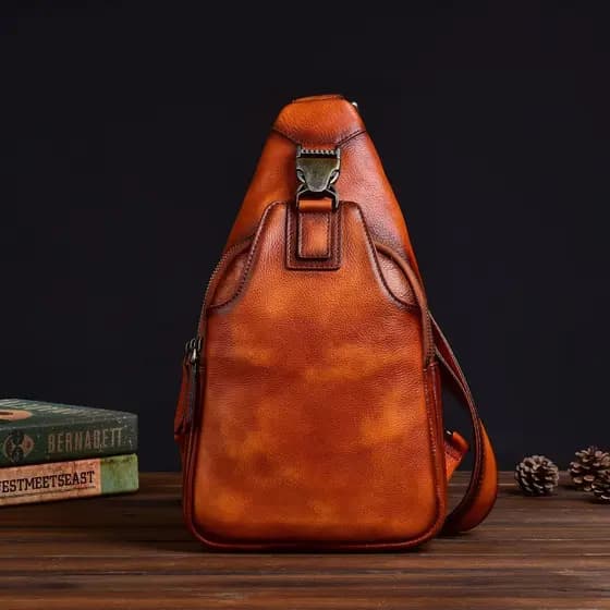 Bolsa de peito masculina de couro genuíno, primeira camada, couro curtido vegetal, retrô, Casual, bolsa mensageiro de um
