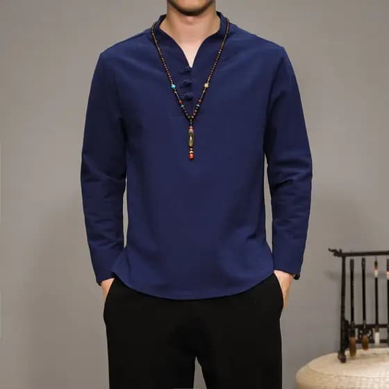 Estilo chinês algodão linho de manga comprida camiseta masculina estilo chinês Tang terno Hanfu outono na moda Retro cam