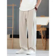 Calças casuais masculinas estilo chinês verão estilo fino gelo seda linho calças retas Retro solto calças de perna larga