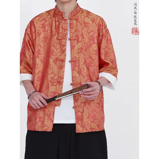 Novo estilo chinês Tang terno estilo chinês verão estilo fino gelo seda camisa de manga curta Retro Jacquard Hanfu Plus