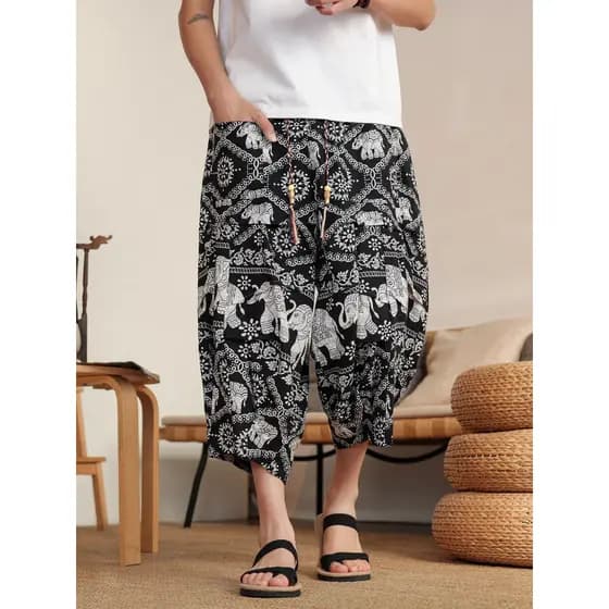 Calças cortadas masculinas estilo chinês verão estilo fino puro algodão calças retas Retro mais gordura mais calças de p