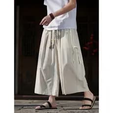 Calças cortadas masculinas estilo chinês verão fino algodão linho calças retas Retro solto calças de perna larga tamanho