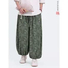 Calças de tornozelo masculinas estilo chinês verão estilo fino gelo seda calças retas Retro impresso calças de perna lar