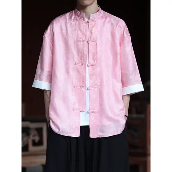 Retro botão Hanfu masculino estilo chinês verão estilo fino gelo seda camisa de manga curta novo estilo chinês Jacquard