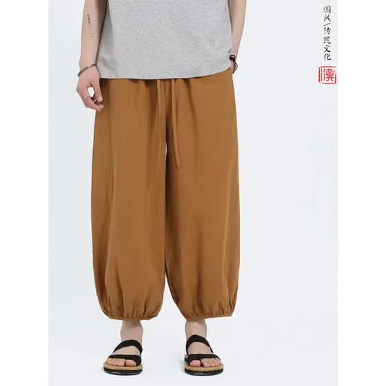 Calças de tornozelo masculinas estilo chinês verão fino algodão linho calças retas Retro solto calças de perna larga tam