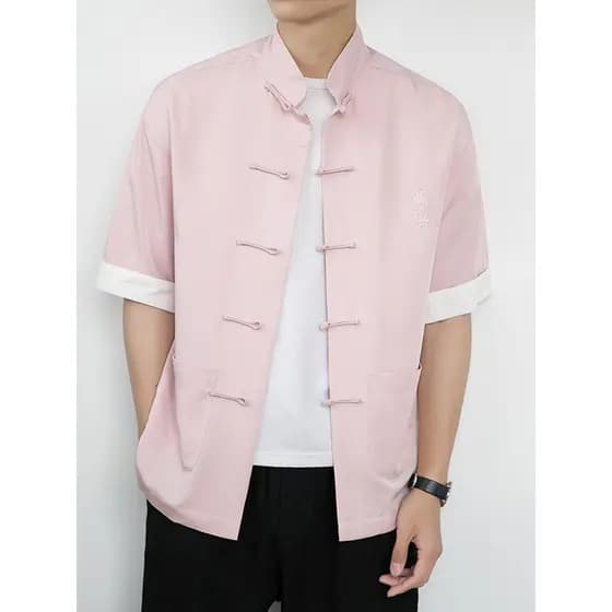 Camisa de manga curta de seda gelo masculina verão estilo chinês roupas masculinas fivela estilo chinês Tang terno camis