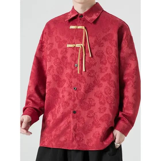 Melhorado Hanfu masculino estilo chinês outono novo estilo Jacquard camisa de manga comprida Retro Tang terno solto tama