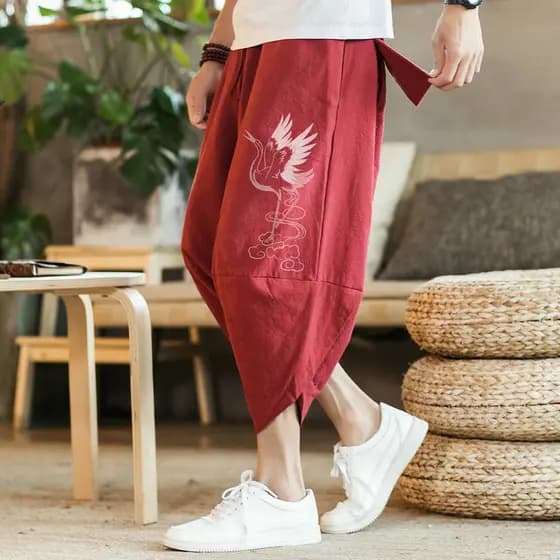 Estilo chinês verão fino algodão linho calças cortadas dos homens Retro solto Bloomers tamanho grande Harem calças borda