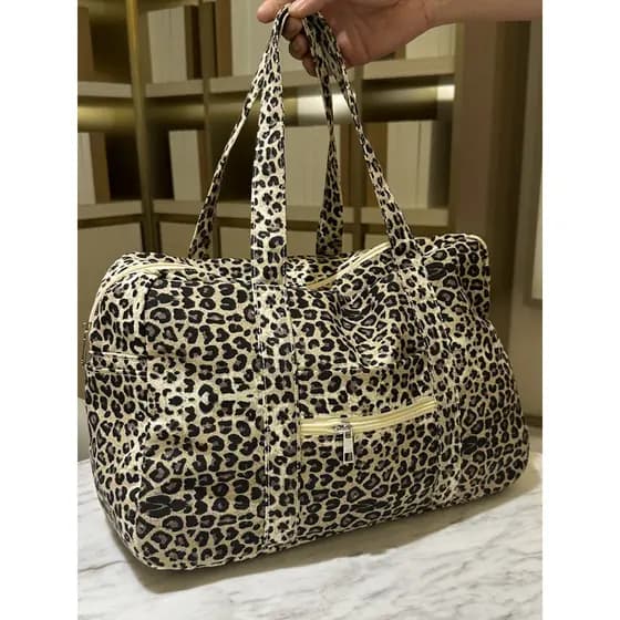 Bolsa de lona grossa com estampa de leopardo, bolsa de viagem de curta distância, bolsa de ginástica, grande capacidade,