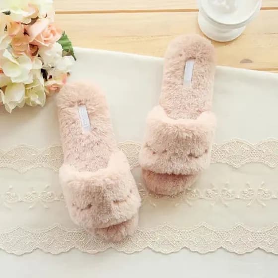 Peludo inverno uso doméstico feminino chinelos de algodão de pelúcia dedo do pé aberto peludo inverno escritório bonito