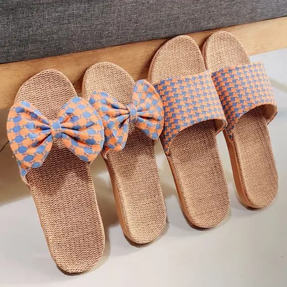 Chinelos de linho com laço feminino verão casa casal interior de sola grossa antiderrapante sandálias fofas