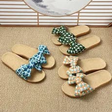 2024 novo estilo Bowknot casa chinelos de linho de algodão feminino verão uso doméstico sola grossa verão grama de cânha
