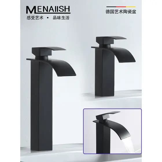 Torneira tipo cascata para bacia quente e fria, haste alta, preto fosco, simples, moda, bancada, torneira