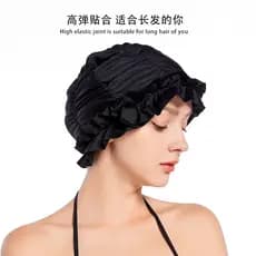 Versão coreana renda elegante tecido touca de natação feminina plissada cor sólida olhar rosto pequeno cabelo longo touc