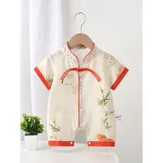Mês inteiro roupas de bebê verão fino meia manga macacão verão bebê macacão de manga curta estilo chinês vestido de cem