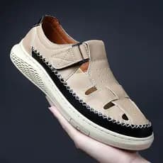 Sandálias masculinas Baotou verão respirável antiderrapante Velcro oco sapatos de praia costurados à mão tamanho grande