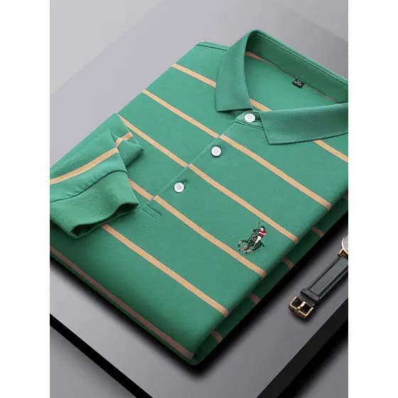 Camisa polo listrada masculina de manga comprida lapela bordada 2026 novo estilo Paul puro algodão masculino de meia-ida