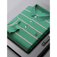 Camisa polo listrada masculina de manga comprida lapela bordada 2026 novo estilo Paul puro algodão masculino de meia-ida