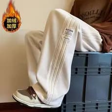 2025 novo estilo calças masculinas outono inverno veludo listra costura solta forro de lã engrossado calças retas casuai