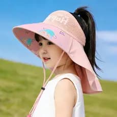 Crianças chapéu de sol meninos meninas verão grande borda chapéu de sol meninas pode amarrar rabo de cavalo respirável a