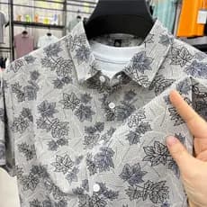Homens 2025 verão novo estilo de seda gelo camisa de manga curta pai usar lapela nacional na moda flor camisa sem costur