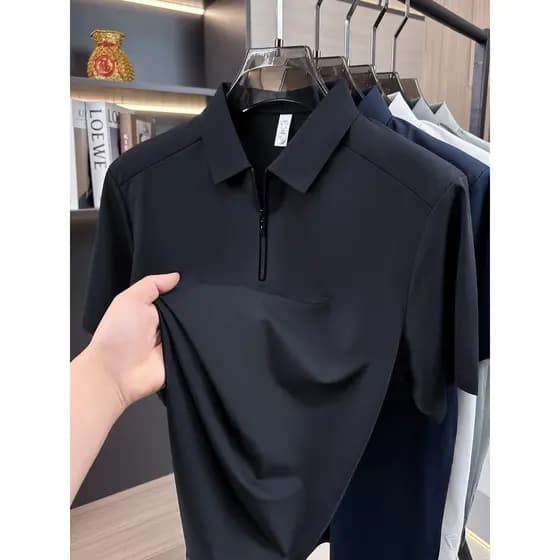Camisa POLO masculina de seda gelada de manga curta verão negócios Casual lapela zíper camiseta Top