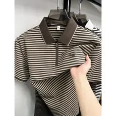 Camiseta masculina de manga curta lapela camisa POLO verão listrado meio zíper negócios Casual All-Match topo meados